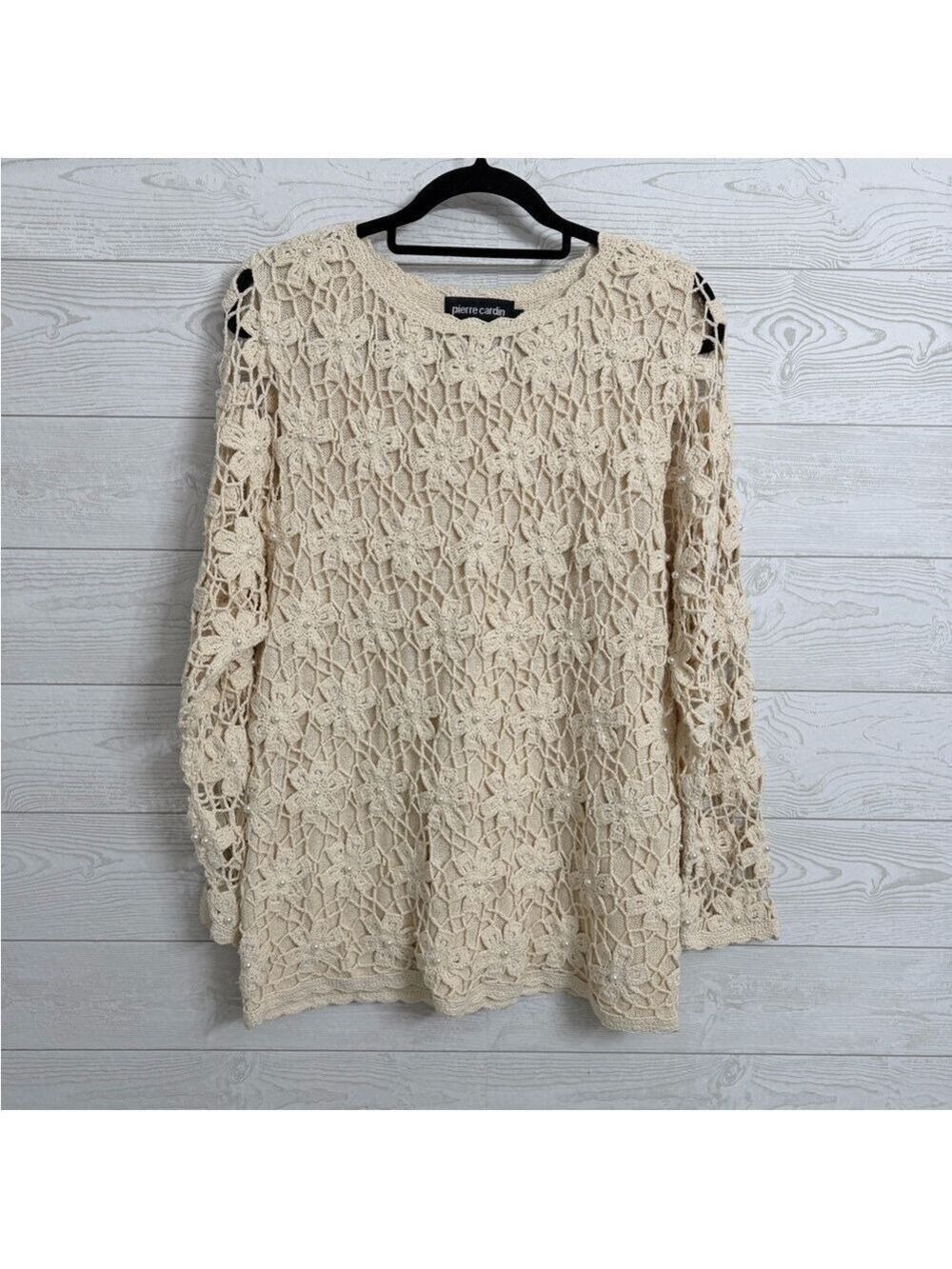 Pierre Cardin Vintage Wild Tricot Women’s Cream Flora Crochet Sweater. Size L